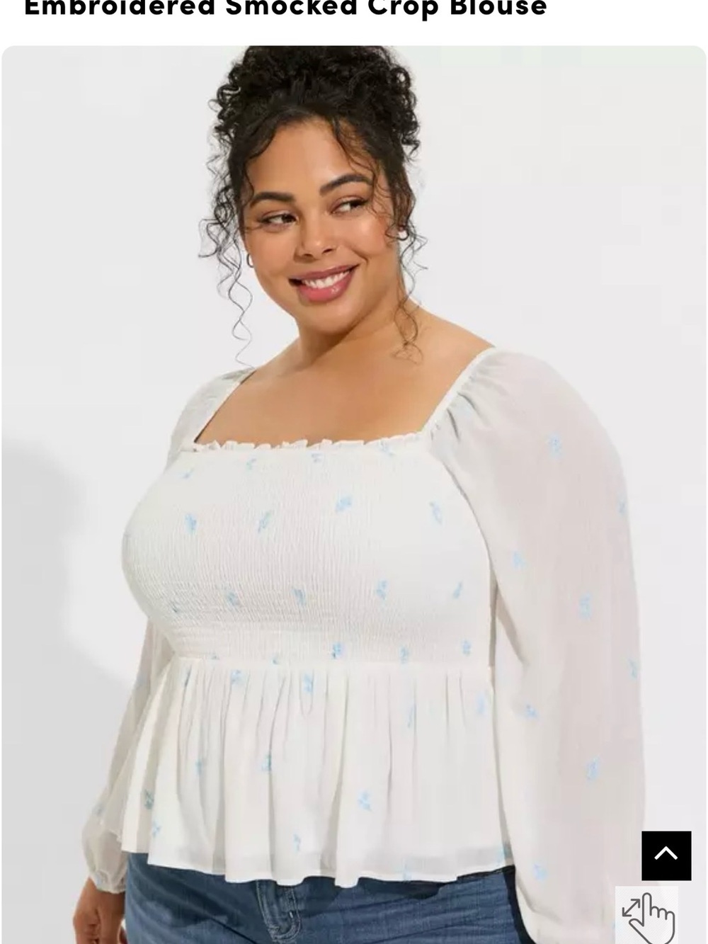 torrid White Smocked Blouse with Light Blue Floral Embroidery
